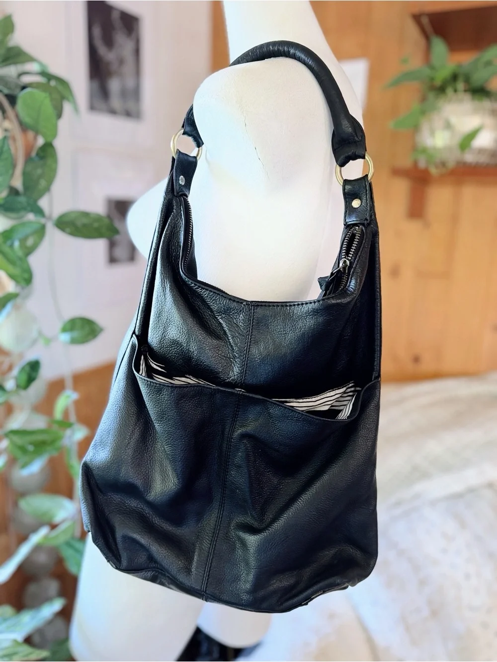 Latico Black Genuine Leather Hobo Shoulder Bag with Zebra Print Lining